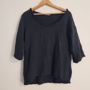 Made in Italy Cotton/Linen Blend Top Quarter Length Poms Black